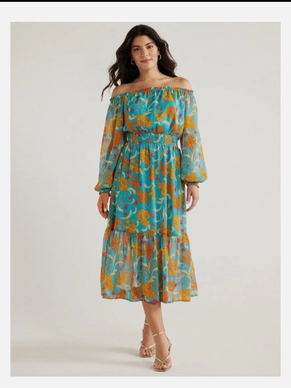 SOFIA JEANS Sofia Vergara XS Off The Shoulder Midi Dress Teal Floral Boho Chic